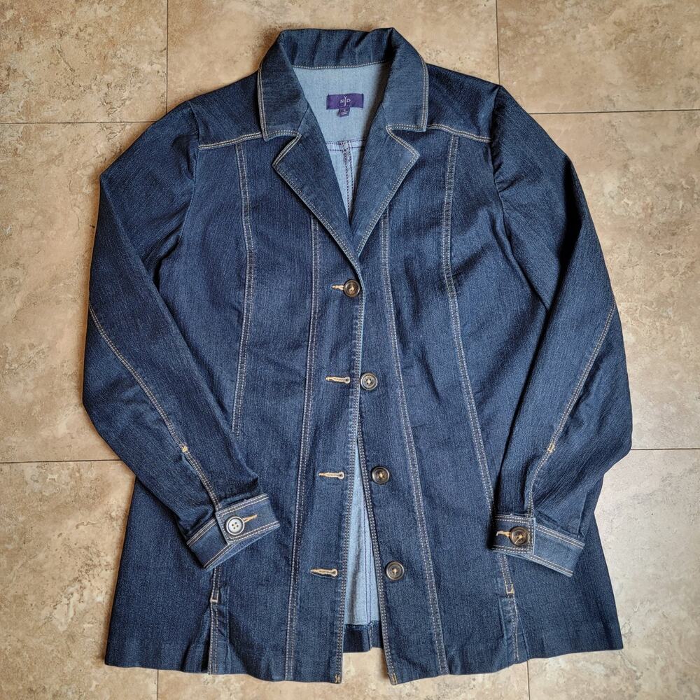 Denim Jacket Women Small Dark Wash Career Blazer Button Office Casual Shirjacket